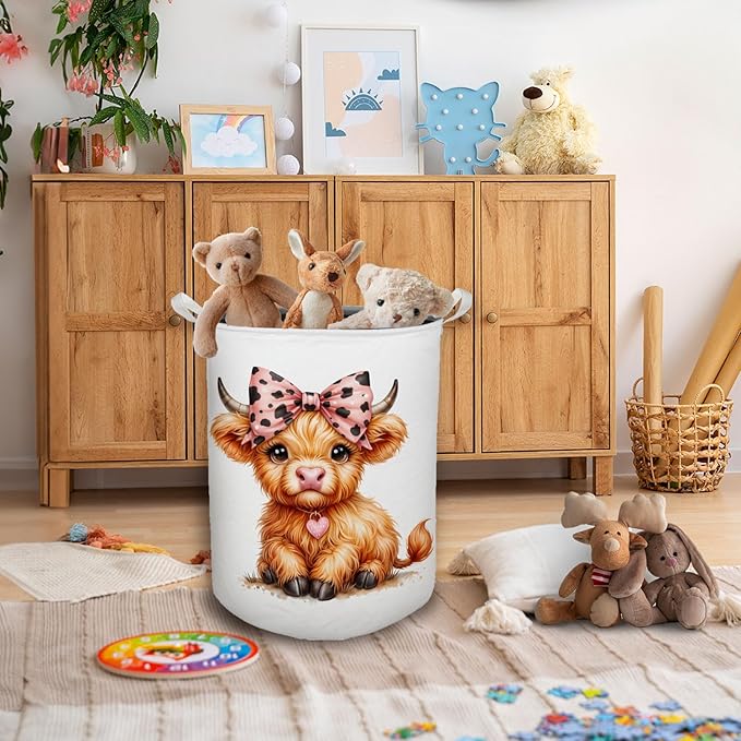HKTZM Highland Cow Baby Nursery Laundry Basket, Toybox for Girls Room, Pink Leopard Bow Cow Laundry Basket Waterproof Collapsible Clothes Toys Storage Bin Organizer for Kids Room Playroom Bathroom