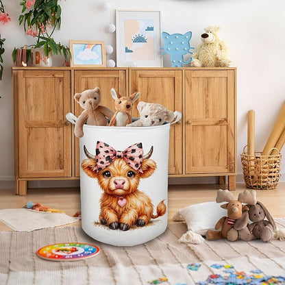 HKTZM Highland Cow Baby Nursery Laundry Basket, Toybox for Girls Room, Pink Leopard Bow Cow Laundry Basket Waterproof Collapsible Clothes Toys Storage Bin Organizer for Kids Room Playroom Bathroom