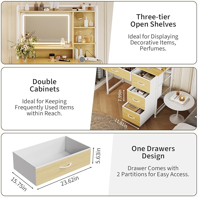 35.4" Vanity Desk with Square Mirror for Bedroom, Makeup Table with 4 Fabric Drawers & Storage Shelves, Modern Dressing Desk for Women Girls