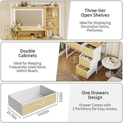 35.4" Vanity Desk with Square Mirror for Bedroom, Makeup Table with 4 Fabric Drawers & Storage Shelves, Modern Dressing Desk for Women Girls