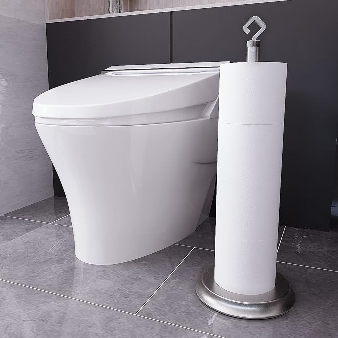 KASUNTO Toilet Paper Holder for Bathroom, Metal Free Standing Toilet Paper Storage with Rustproof, Tissue Paper Roll Stand for Bathroom Accessories (Brushed Nickel)