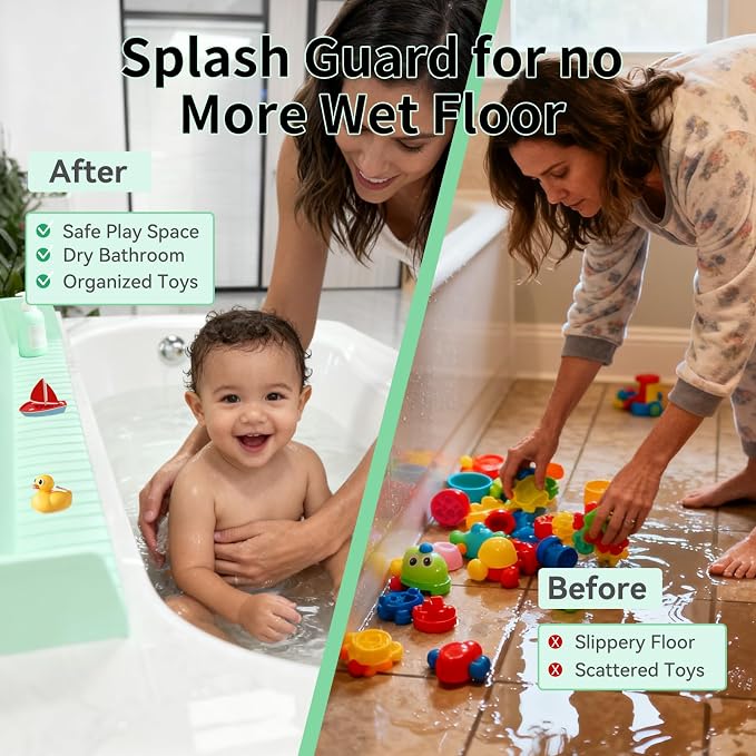 Bathtub Splash Guard for Tub Kids - Silicone Splash Guard with 11 Strong Suction Cups, Toy Tray Caddy Holder for Tub, Prevent Water Spills in Bathroom, Suitable for Kitchen Sinks and Bathtubs (Green)