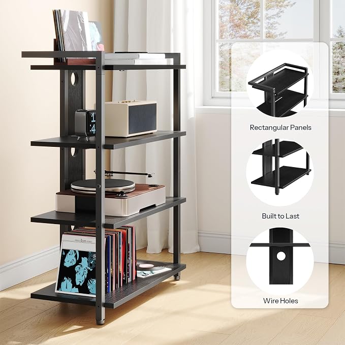 HOOBRO 4-Tier AV Media Stand, Media Console with Charging Station and LED Light, Wooden Stereo Cabinet, Corner TV Stand, Record Player, Entertainment Device Stand, Black BB42UDCJ01