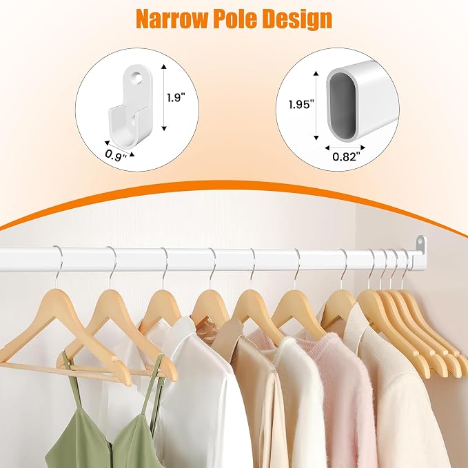Oval Closet Rod for Hanging Clothes, Adjustable Heavy Duty Closet Rods with End Supports, 18 to 63 Inch White Clothing Pole for Wardrobes, Laundry, RV