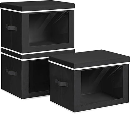 Homsorout Large Storage Baskets Bins with Lids - Stackable Cube Bins for Closet, 3 Pack Black Windows Organizer Bins, Home Organizers and Storage for Clothes, CD, Towels