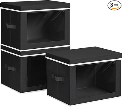 Collapsible Storage Bins with Lids - Stackable Storage Containers with Window, 15.7 Inch Fabric Organizing Bins for Closet, Home & Office Organization Baskets, Black, 3 Pack