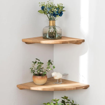 Conamily Corner Shelves, Floating Corner Shelf, Set of 2 Solid Oak Wood Wall Shelves, Round End Wall Mount with Wire Hole Shelving for Small Plant for Bedroom Kitchen, Living Room 8.7“