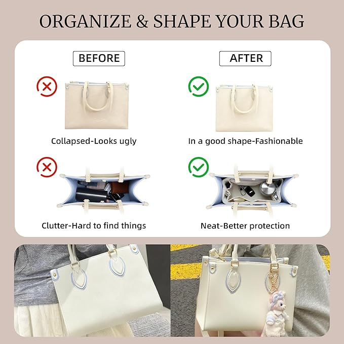 Purse Organizer Insert, Satin Tote Bag Organizer with 8 Sizes, Handbag Dividers for Inside Purse, Compatible with Longchamp, Neverful, 25C Hobo and More Bags（Slender X-Large,Craie）
