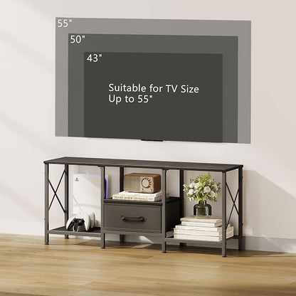 JARHETUN TV Stand with Fabric Drawer, Entertainment Center for 50 55 Inch TV, Industrial TV Console Table with Open Storage Shelves for Living Room, Bedroom, Black