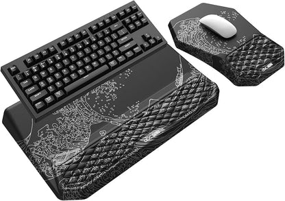 3-in-1 Ergonomic Keyboard Stand with Wrist Rest & Mouse Pad Set, Comfy Keyboard Riser Holder Soft Mousepad with Massage Design, Memory Foam and Non-Slip PU Base for Pain Relief, Black Wave of Kanagawa