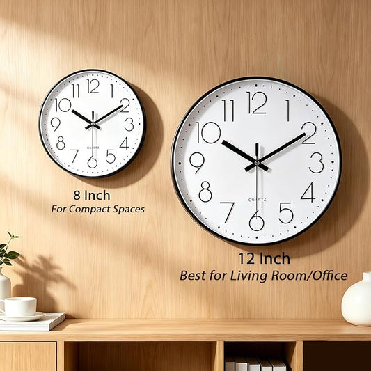 jomparis 12 Inch Wall Clock Silent Non Ticking Battery Operated Quartz Modern Decorative Round Wall Clock for Office Classroom School (Black)
