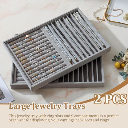 Large Velvet Jewelry Tray 2 Pack Stackable Jewelry Display Drawer Inserts Trays Organizer for Earring Bracelet Necklace Ring (Gray, Ring and 9 Grids)