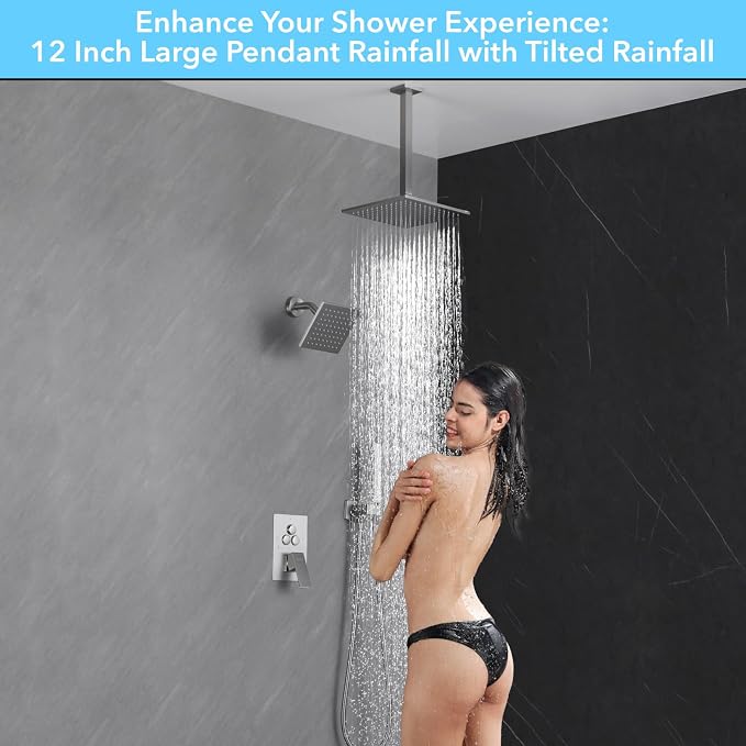 VANFOXLE Shower Faucet Set Brushed Nickel Shower System, Push Button Diverter Shower Faucet with Trim Kit, Ceiling Mount 12 Inch Shower Head Increased Thick, 6 Inch Side Shower Head, 2-in-1 Handheld