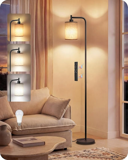 Dimmable Floor Lamp for Living Room with Remote and Foot Switch, Modern Standing, Corner Lamp,10W Bulb 3 Color Temperatures, for Bedroom, Office, Corner, ETL Listed, Black and Beige E19LD05