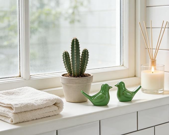 Artconal Small Green Bird Statue Ceramic 2-Piece Set, 4½ inch Cute Knick Knack for Home Office Shelf Desk Decor