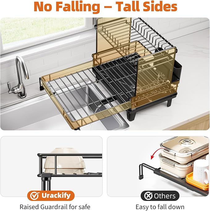 Urackify Dish Drying Rack - Large Dish Racks for Kitchen Counter, Extendable Sink Dish Drainer, Rustproof Dish Strainer with Utensil Holder, 2 Tier Black