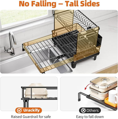 Urackify Dish Drying Rack - Large Dish Racks for Kitchen Counter, Extendable Sink Dish Drainer, Rustproof Dish Strainer with Utensil Holder, 2 Tier Black