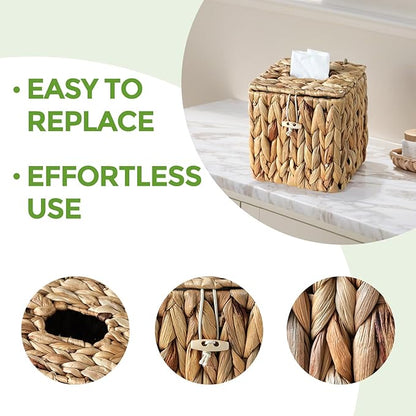 Rattan Tissue Box Cover with Lid, Wicker Tissue Box Holder Square, Hand Woven Cube Tissue Box Cover Tissue Holder for Bathroom Living Room Kitchen Office, Natural