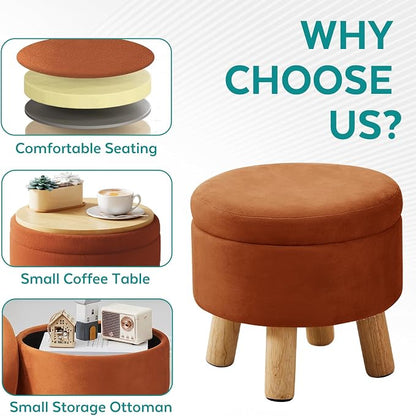 Small Foot Stool Ottoman with Storage, Velvet Ottoman Foot Rest for Couch, Round Footstool with Storage, Small Ottomans and Footstools for Living Room and Entryway (Orange)
