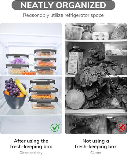 2-Pack Glass Food Storage Containers with Tempered Lids (630ml/2.7cup) - Airtight Snap Lock, Microwave & Oven Safe (-4℉~ 950°F), Freezer to Baking Dish, BPA-Free, Gift Box (Gray)
