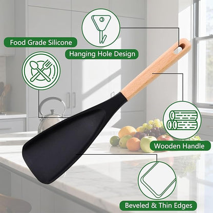 2PCS Cedar and Ash Spoon, Multifunction Nonstick Cookwares Spatula Cooking Spoon, Matte Silicone, Wood Handle Spoon for Mixing, Scoop, and Scrape (Black)