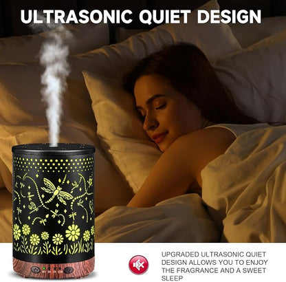 Essential Oil Diffuser 120ML Metal Aromatherapy Diffuser with Timer, Cool Mist Humidifier with Auto Shut-Off & 7 Color Lights for Home Office Spa (Dragonfly)