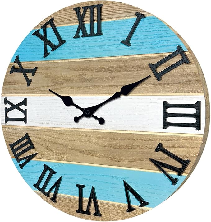 Blue Solid Wood Wall Clock for Living Room Farmhouse Wall Clocks Battery Operated 12 Inch Round Wall Clock Silent