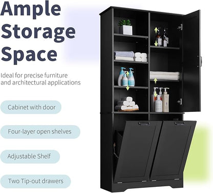 Tall Storage Cabinet with Door and Open Shelf, Multi-Functional Laundry Hamper Basket for Home Bathroom, Laundry Room, Black