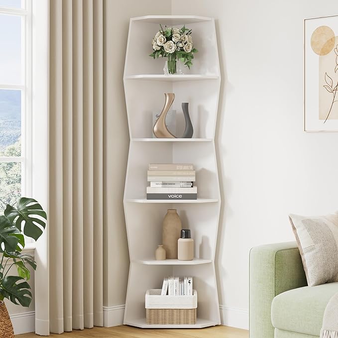 Vividwood Wavy Corner Shelf, Modern 6-Tier Irregular Wooden Corner Bookshelf, Narrow Tall Display Bookcase for Living Room, Bedroom