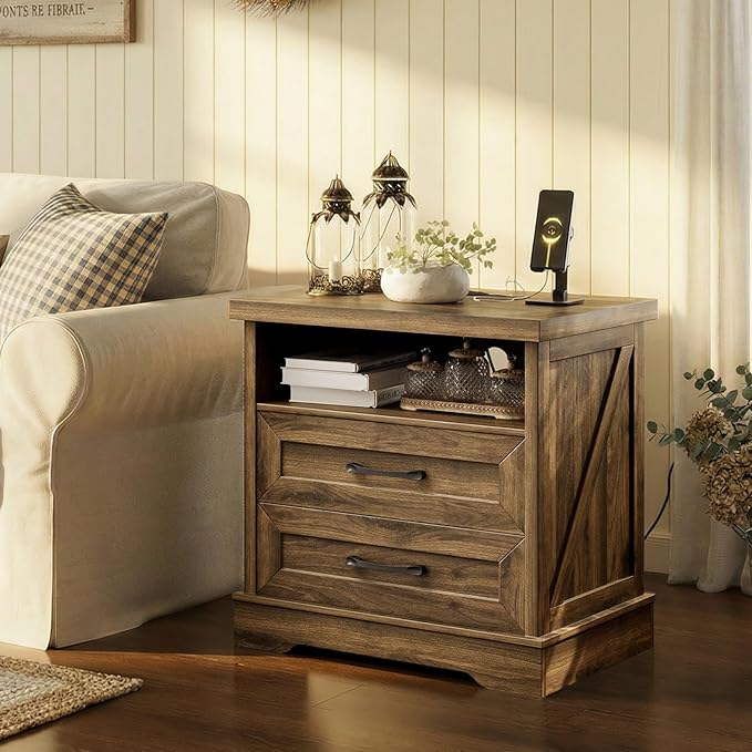 AODK 24 Inch Farmhouse Nightstand with Charging Station, Large Bedside Table with 2 Drawers, Rustic Wood End Table with Outlet and USB for Bedroom, Light Walnut