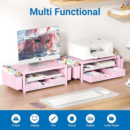 OPNICE Laptop Stand for Desk Organizer and Accessories, 2-Tier Computer Monitor Stand Riser with Drawer and 2 Pen Holders, Ventilated Perforated Steel Top, Office Desk Accessories for Home Office Supplies, Pink
