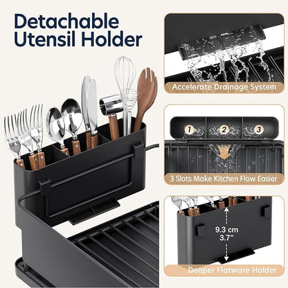 Stainless Steel Dish Drying Rack - Large Capacity Dish Rack for Kitchen Counter with Drain Board, Rustproof Dish Drainer with Drain Spout, Utensil Holder & Glass Holder, Dinnerware Organizer, Black