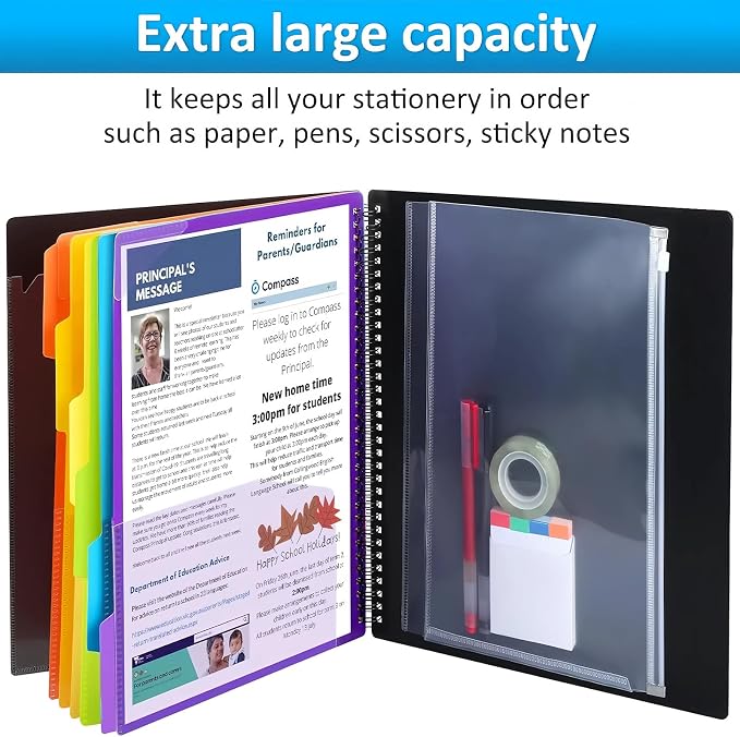 HABGP 12 Pocket Plastic folders with Pockets, 6 Colors Multi Pocket Folder Binder with Dividers, Office Organizer Folder Letter Size School Supplies