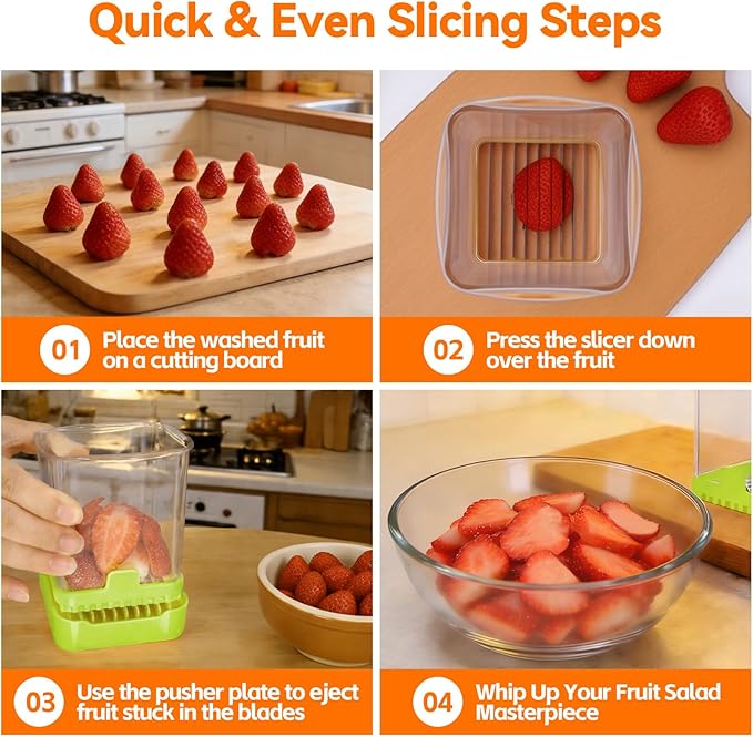 Fruit Slicer Cup for Strawberry, Banana, Hard-Boiled Egg - Detachable Cutter with Push Plate - Rapid & Safe Slicing Kitchen Gadget for Quick Meal Prep (Food green)