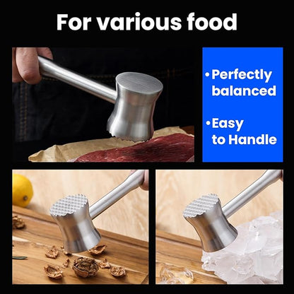 304 Stainless Steel Meat Tenderizer Mallet, Dual Side Meat Hammer Chicken Pounder, Heavy Duty Meat Beater for Steak and Beef, Meat Pounder Kitchen Cooking Mallet Dishwasher Safe