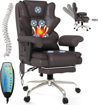 7-Point Massage Office Chair,Heated Manageral Chair,Ergonomic Executive Chair with Footrest,Adjustable Armrest，Computer Chair for Offices, Study Areas, Gaming Spaces,Brown