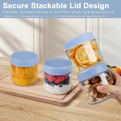 Overnight Oats Containers with Lids, 10oz Wide Mouth Mason Jars with Lids, 9 Pack Glass Jars with Airtight lid for Chia Pudding Yogurt Salad, Meal Prer Oatmeal Jars, Blue
