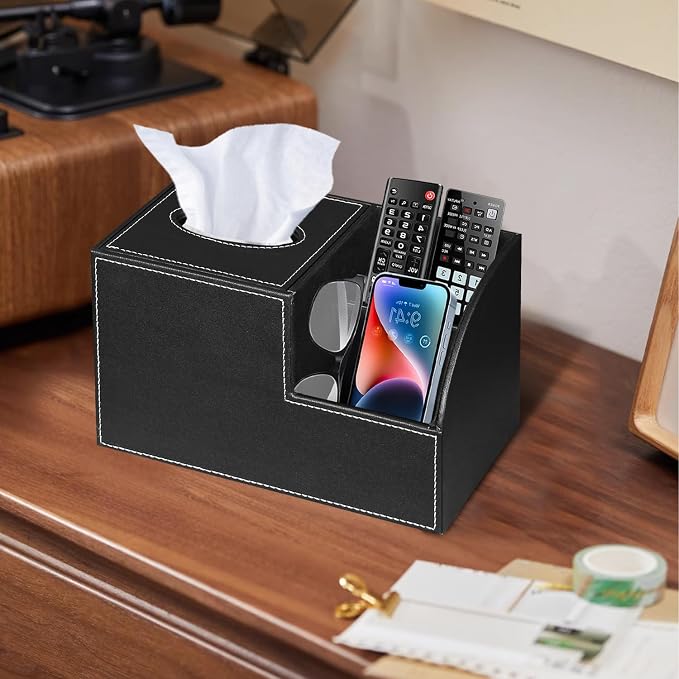 PU Leather Square Tissue Box Cover - Multi-Functional Tissue Box Holder, Tissue Box Cover with Storage,Tissue and Remote Control Holder, Cube Tissue Box Organizer Bedroom Nightstand End Table