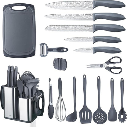 RAXCO Kitchen Set,18-Piece Cooking Utensils and Kitchen Knife Set,Gray | 7-Piece Kitchen Utensils Heat-resistant to 410°F,5-Piece Sharp Knife,5-Piece Cooking Tools and Cutting Board In One
