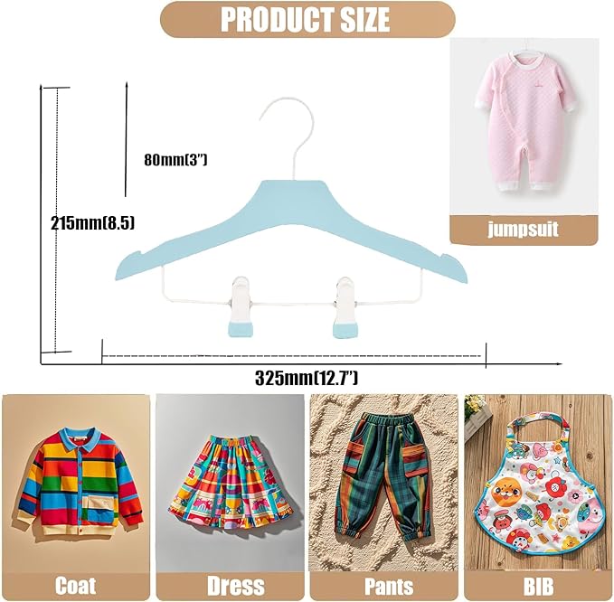 Blue 12.7" Ultra-Thin Wooden Children Closet Clothes Clips Hangers 20PCS Wood Baby Kids Coat Hangers for Infant Toddler Newborn Jumpsuit Pants Skirts Jeans Space Saving Heavy Duty Durable