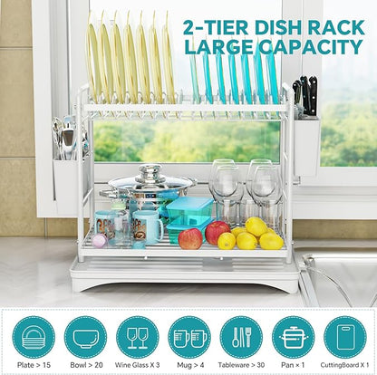 Simple Trending Dish Drying Rack, 2-Tier Dish Rack for Kitchen Counter, Large Dish Drainers Sink Organizers and Storage, White