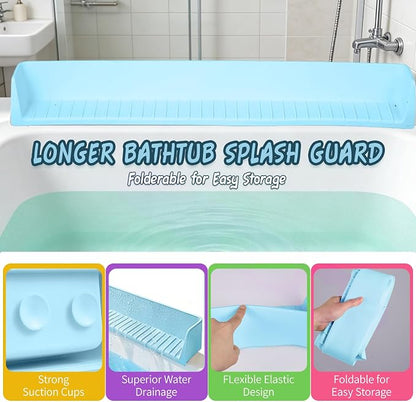 Bathtub Splash Guard for tub Kids& Bath Shelf for Kids – Toddler Bath Tray, Bath Toys Storage & Ledge Organizer – Splash Guard for Bathtub with Suction Cups – Kids Bathroom Accessories(2.6FT, Blue)