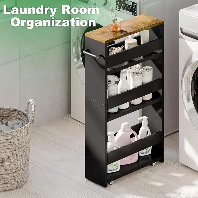 MARTY Rolling Storage Cart 4-Tier Black Kitchen Cart with Wheels, Slim Storage Cart with Handle Slide Out Utility Cart Shelving Unit Organizer Trolley for Laundry Narrow Places Bathroom Small Corner