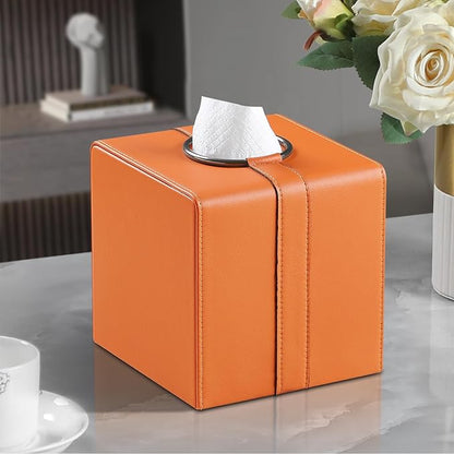 MEIBOOCH Square Tissue Box Cover, Luxury PU Leather Tissue Holder with Magnetic Closure (Orange)