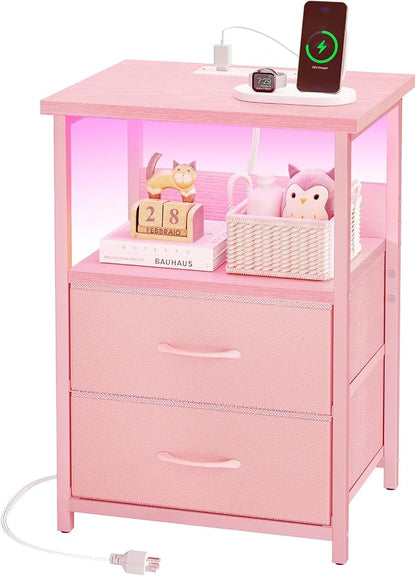 Fixwal Night Stand with Charging Station, LED Nightstand with U-S-B Ports and Outlets, 2 Fabric Storage Drawers with PU Finish, Small Bedside Table, Pink
