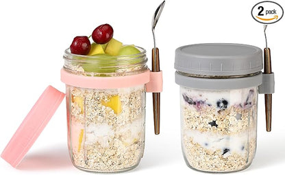 16oz Glass Mason Overnight Oats Jars, Cereal, Yogurt, Salad Lunch,Glass Overnight Oats Containers with Lids and Spoon, Container with Measurement Marks -(Grey&Pink-2Pcs)