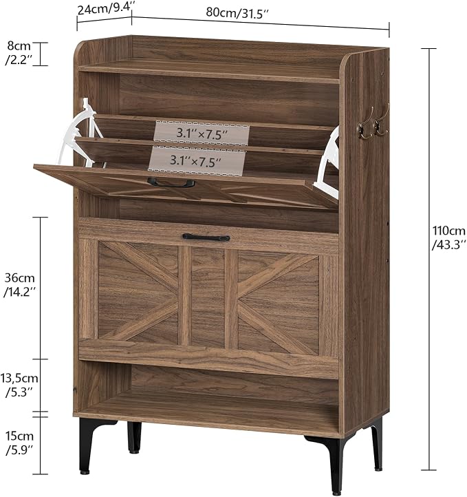 MAHANCRIS Shoe Storage Cabinet, Shoe Organizer with 2 Flip Drawers, Hidden Shoe Storage for Entryway, Freestanding Shoe Cabinet Organizer with Open Storages, Walnut SHWA9401