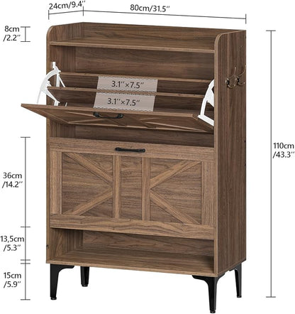 MAHANCRIS Shoe Storage Cabinet, Shoe Organizer with 2 Flip Drawers, Hidden Shoe Storage for Entryway, Freestanding Shoe Cabinet Organizer with Open Storages, Walnut SHWA9401