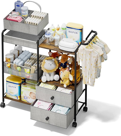 BBLIKE Diaper Caddy Organizer with Hanging Rack - 3 Tier Rolling Baby Storage Cart with Drawers and Side Pockets for Newborn Diaper Organization for Nursery, Crib, Bedroom, Changing Table, Gray