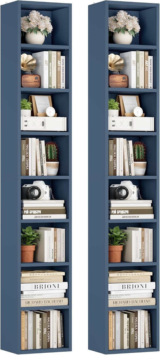 FOTOSOK 2 Pcs 71'' Tall Narrow Bookshelf, 8-Tier Media Tower Rack Set of 2, CD DVD Storage Cabinet with Adjustable Shelves, Tall Narrow Bookcase Skinny Display Bookshelf Slim Shelf, Blue